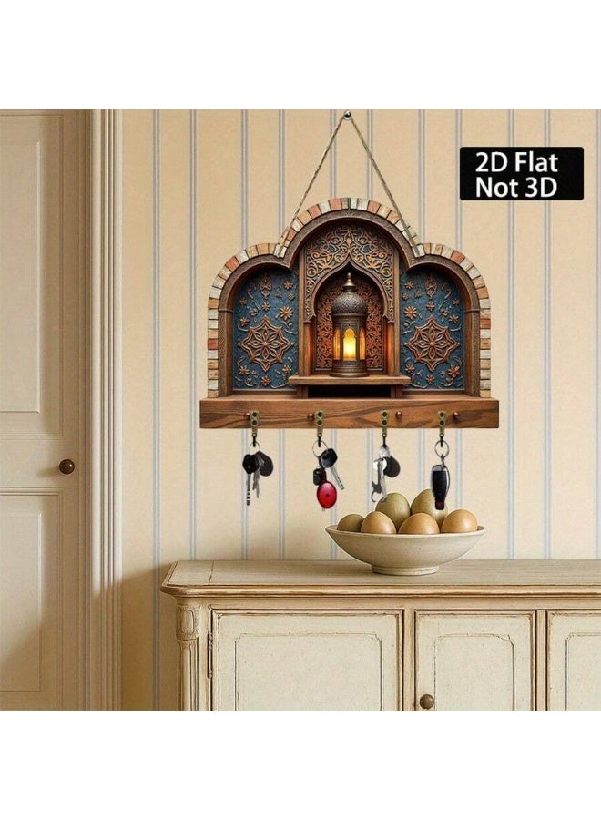 Decorative Wall Key Holder with Hooks – Islamic Arch Design Wall Decor – Vintage Wooden Key Rack with 4 Antique Copper Hooks – Entryway Organizer (2D Flat) - Image 2